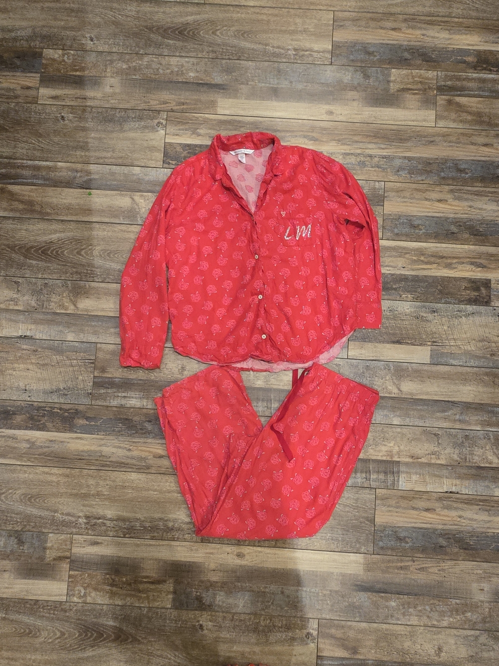 Victoria's Secret Red Heart-Print Girls' Pajama Set with Monogram